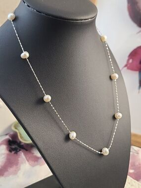 925 Italy Sterling Silver White Pearl Station Necklace 18” Tin Cup NWOT